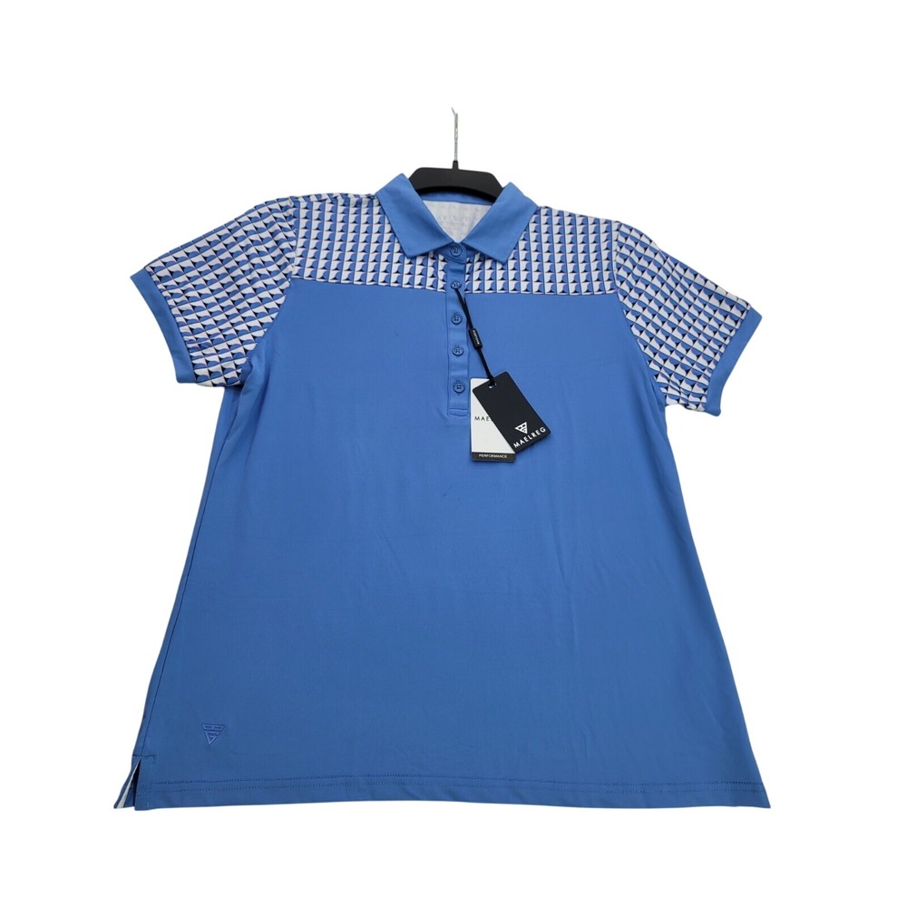 Maelreg Performance Mens Golf Polo Shirt Blue Geometric UPF 30 Large NWT